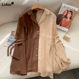 Camisas Casuais Finas de Chiffon Moda Grande Elegante Peito Único